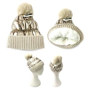 Gold Fleece Lined Fur Pom Pom Winter Beanie Hat Fashion Statement Accessories